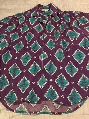 Vintage Purple Button-Down Shirt with Teal Diamond Print